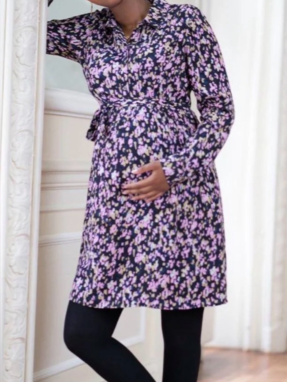 Seraphine Navy and Pink Patterned Long Sleeve Dress